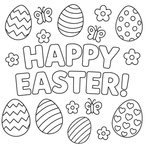 Text Happy Easter Surrounded by Decorated Easter Eggs Flowers and Butterflies πΈπ£π¦π·π₯