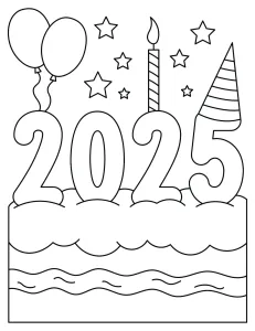 Text Year 2025 Numbers Decorated with Balloons, Stars, Candle and Party Hat πβ¨π