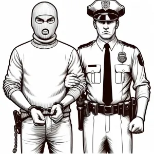 A Thief wearing a Balaclava with Handcuffs held by a Policeman 👮♂️🤝