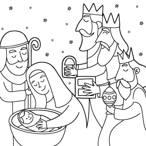 Virgin Mary Holding Baby Jesus, with Joseph by Her Side, as the Three Wise Men Offer Their Gifts of Gold, Frankincense, and Myrrh 🎄✨🎁