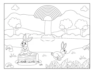 Two Playful Rabbits Relaxing and Hopping by a Lake with a Waterfall, Rainbow, and Mountain View 🐇🌈🏞️