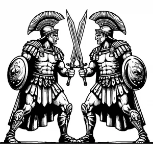 Two Roman Warriors Wearing Centurion Helmets and Holding Swrods and Shields ⚔️🛡️