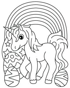Unicorn Standing with Easter Eggs around and Rainbow Behind 🦄🌈🥚✨🌷