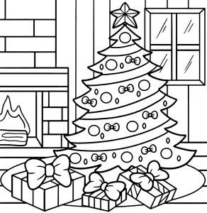 Warm Room with a Christmas Tree and Gifts in Front of a Fireplace, Creating a Cozy Holiday Atmosphere 🎄🎁🔥