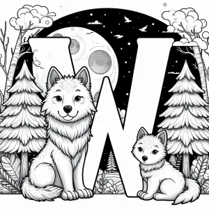 Wolf with Letter W and Baby Whelp at Night 🐺🌙🐾