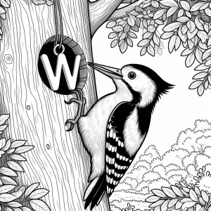 Woodpecker with Letter W on a Tree 🐦🌳