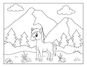 Young Donkey Standing in a Scenic Mountain Landscape with Trees, Grass, and Rocks π΄β°οΈπ²πΏ