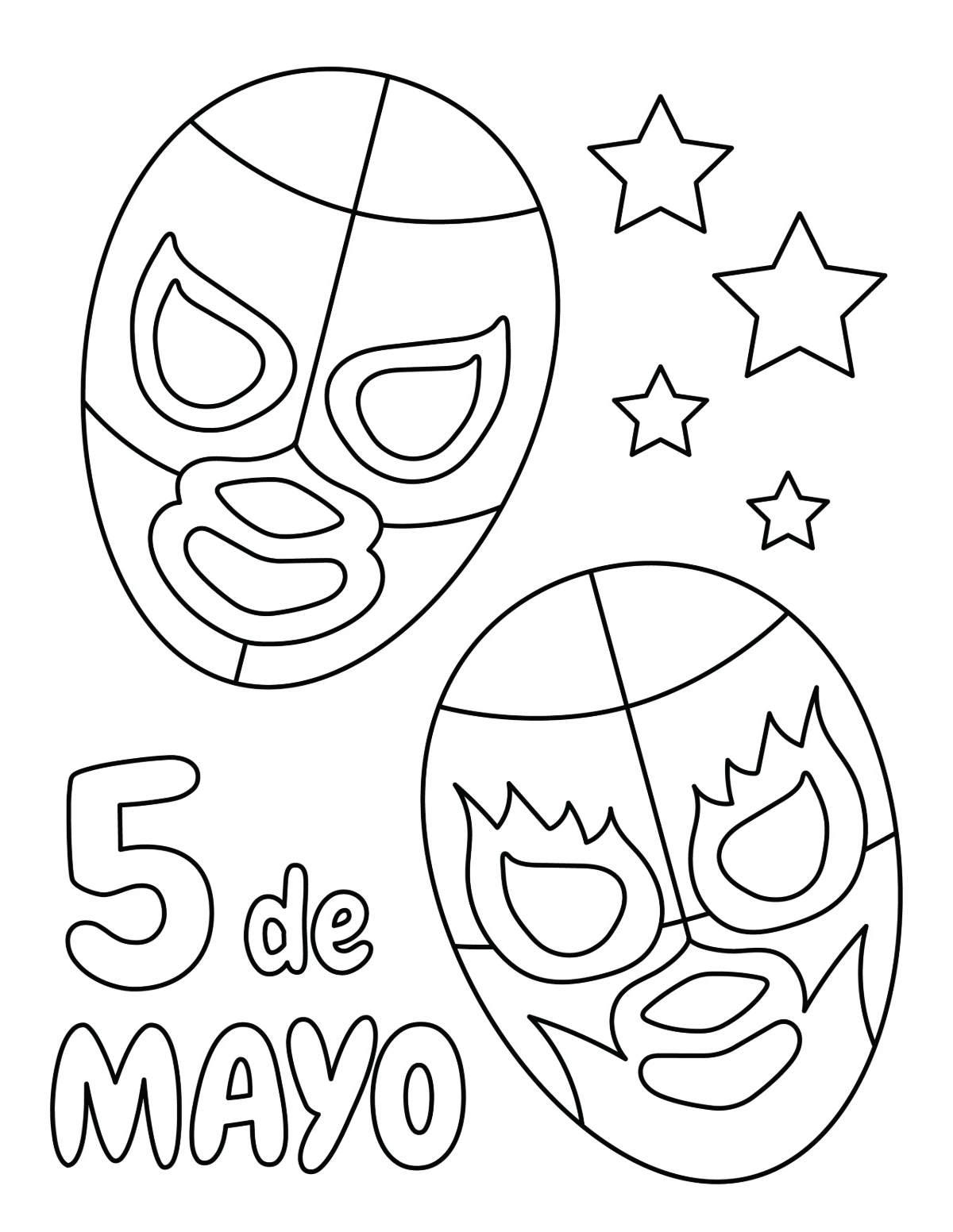 5 de Mayo Mexican Masks with Stars and Text 🎭🇲🇽✨ Coloring Page