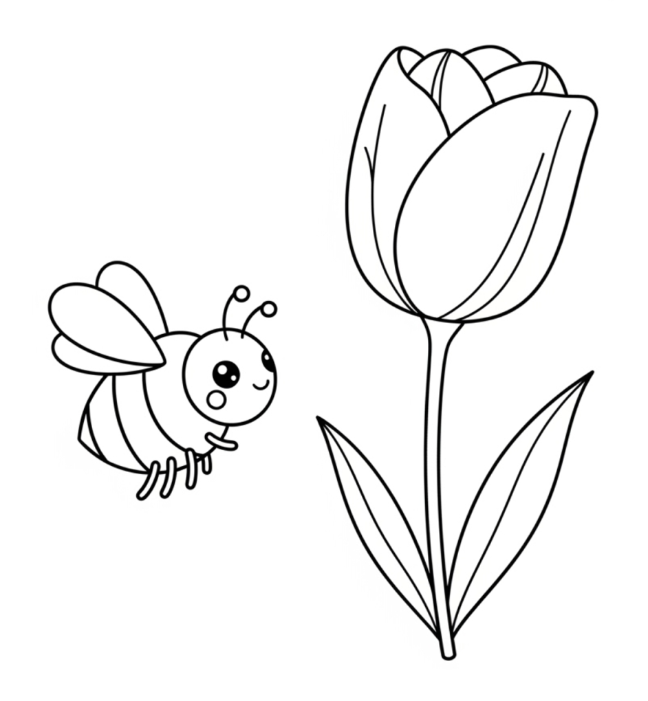 Adorable Bee Flying Towards Tulip Flower 🐝🌷🌼 Coloring Page