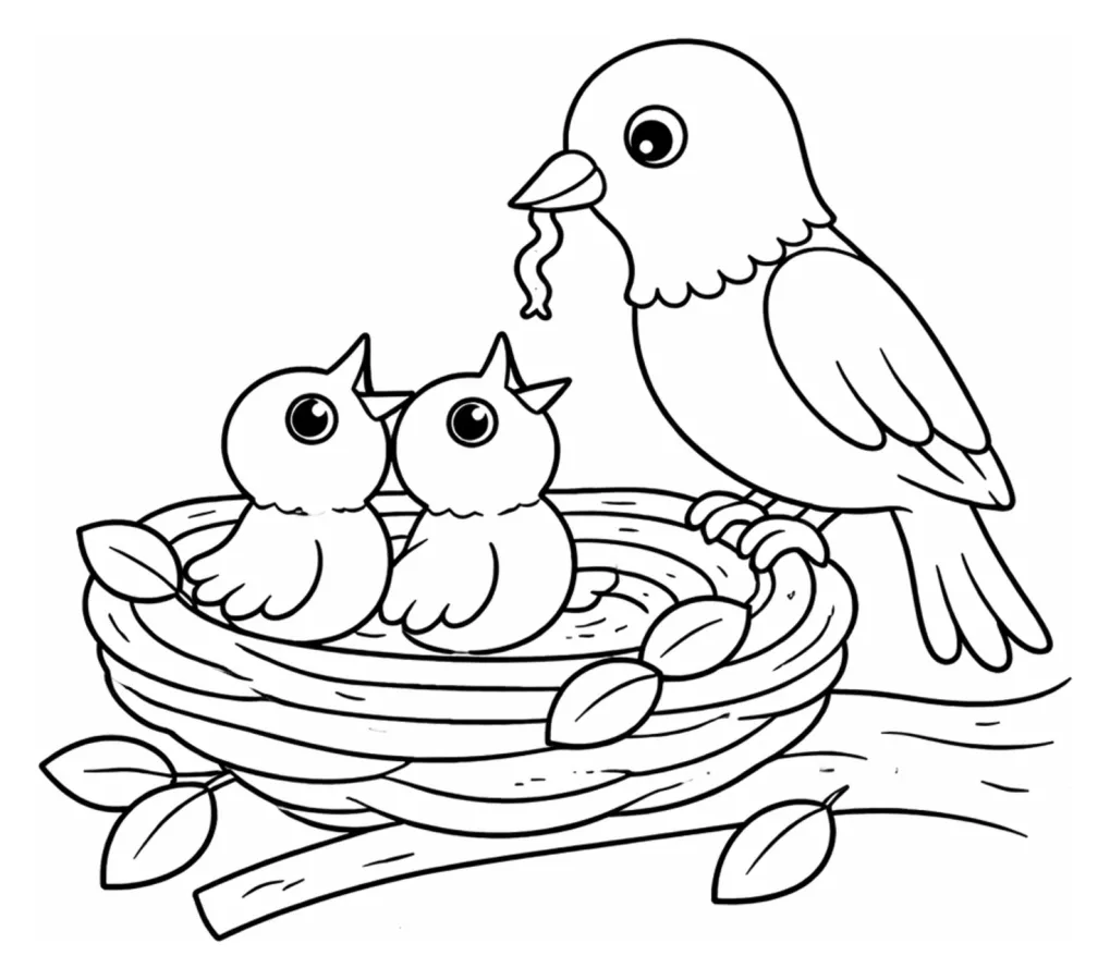 Adorable Bird Family in a Cozy Nest with Birds 🐦🐥🌿 Coloring Page