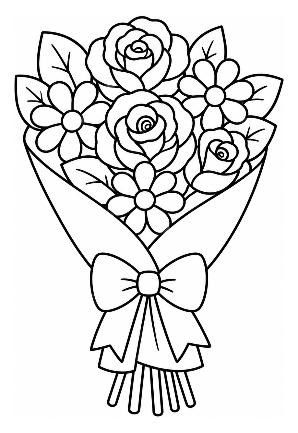 Adorable Bouquet of Flowers with a Pretty Pink Rose and White Daisies 🌸🌺🌼 Coloring Page