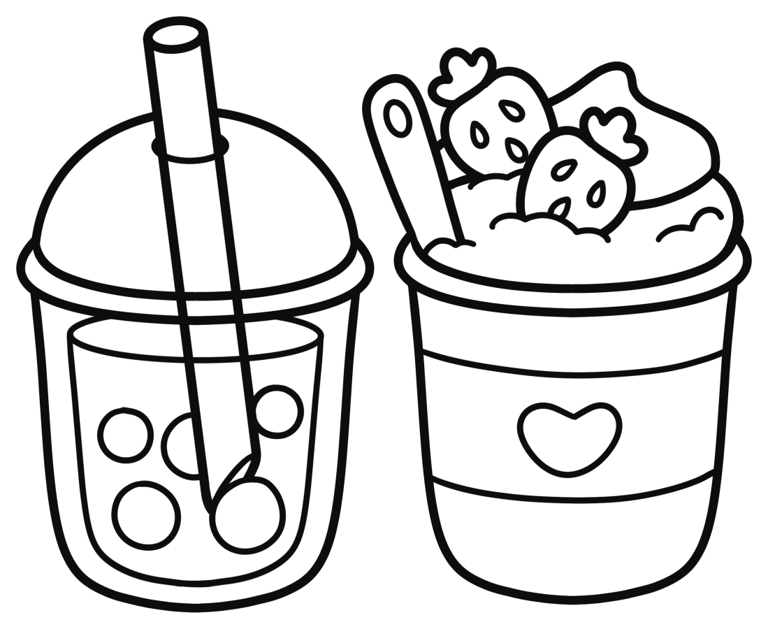 Cute Bold & Easy Bubble Tea and Strawberry Dessert Drinks 🍓🍦 Coloring Page