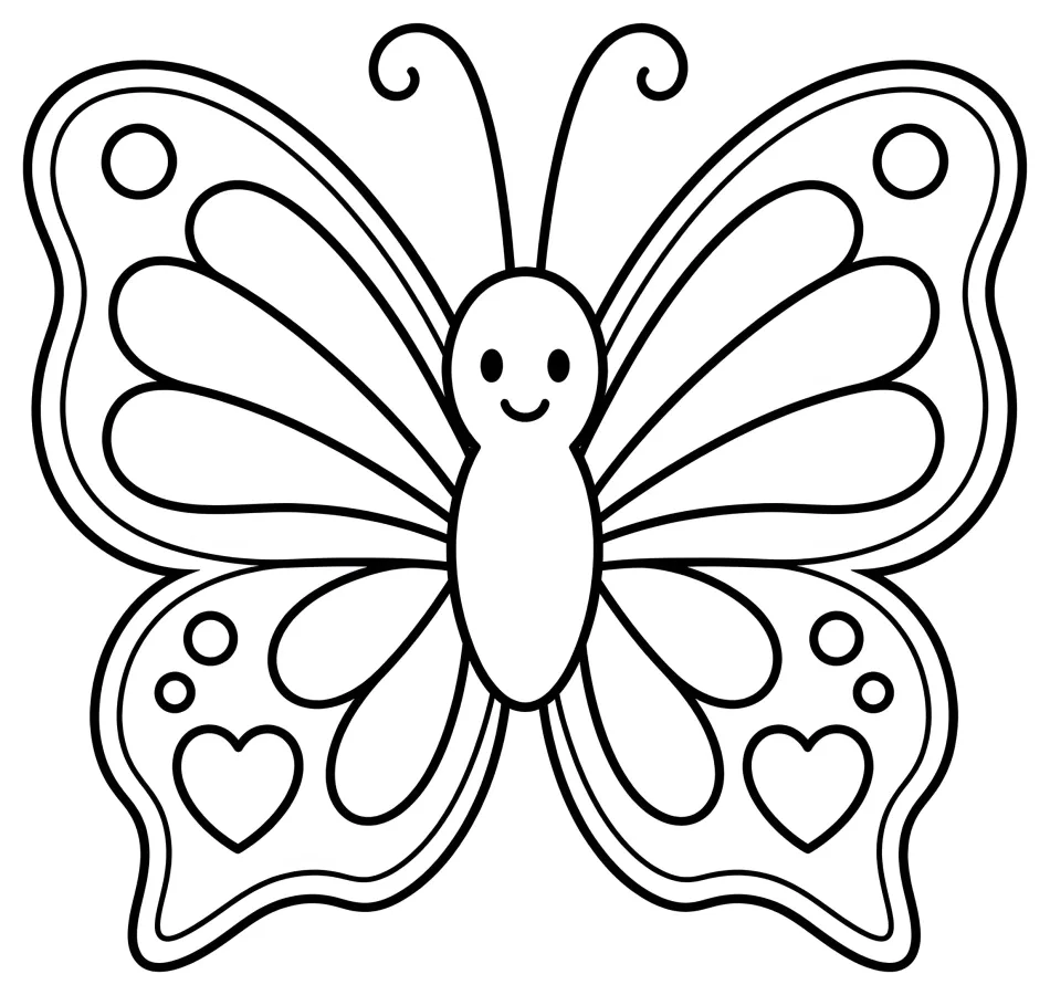 Adorable Butterfly with Heart Patterns and Friendly Face 🦋💖 Coloring Page