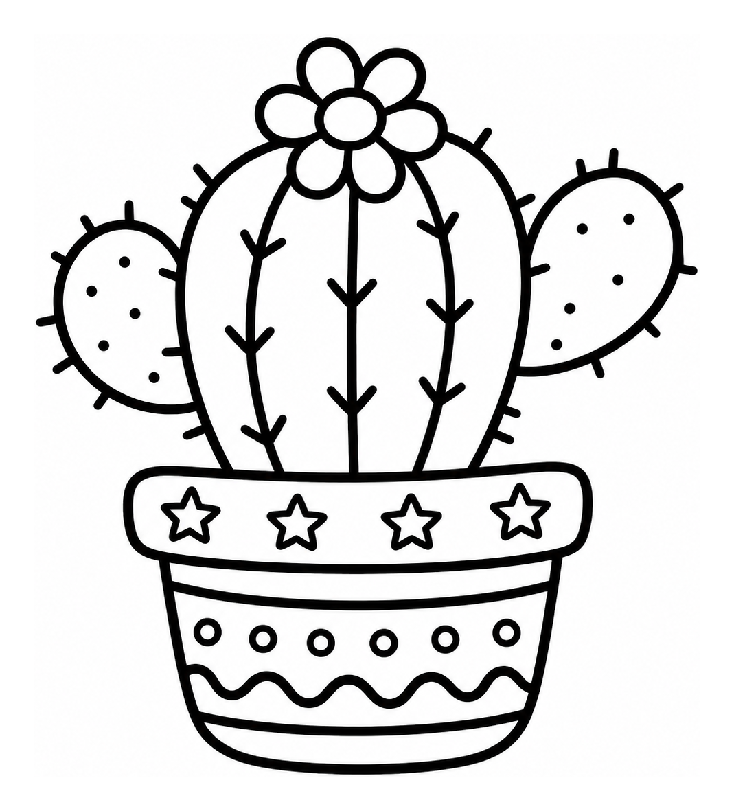 Adorable Cactus with Flower in Pot with Stars 🌵🌼✨ Coloring Page