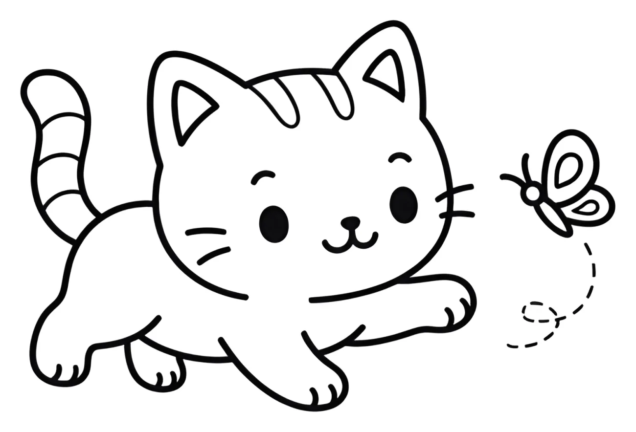 Cute Cat Chasing Butterfly Playing 🐱🦋 Coloring Page
