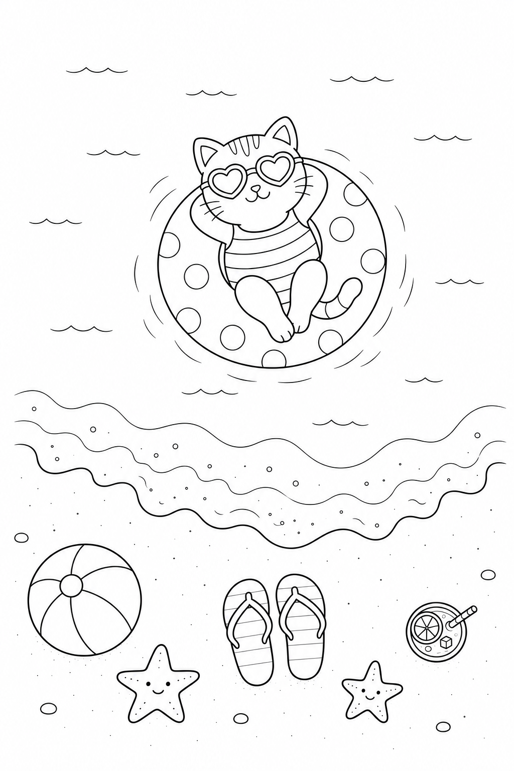 Adorable Cat Floating on a Beach Ring with Sunglasses 🐱🏖️ Coloring Page