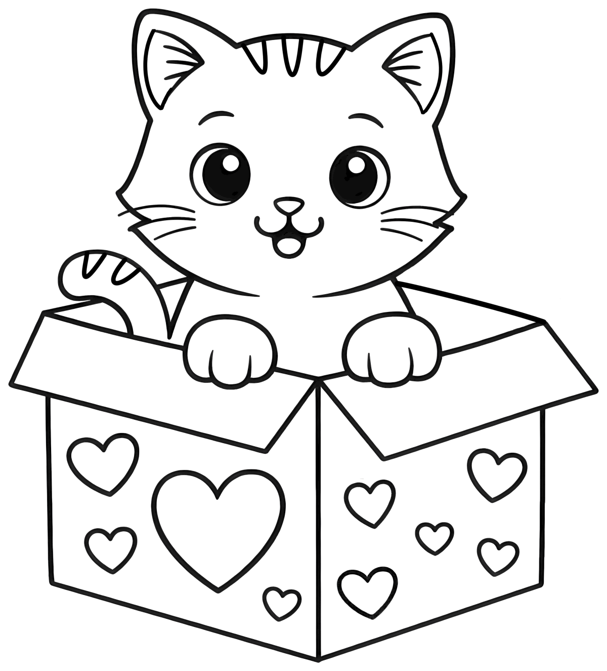 Adorable Cat in a Heart-Covered Box 🐱💖🐾 Coloring Page
