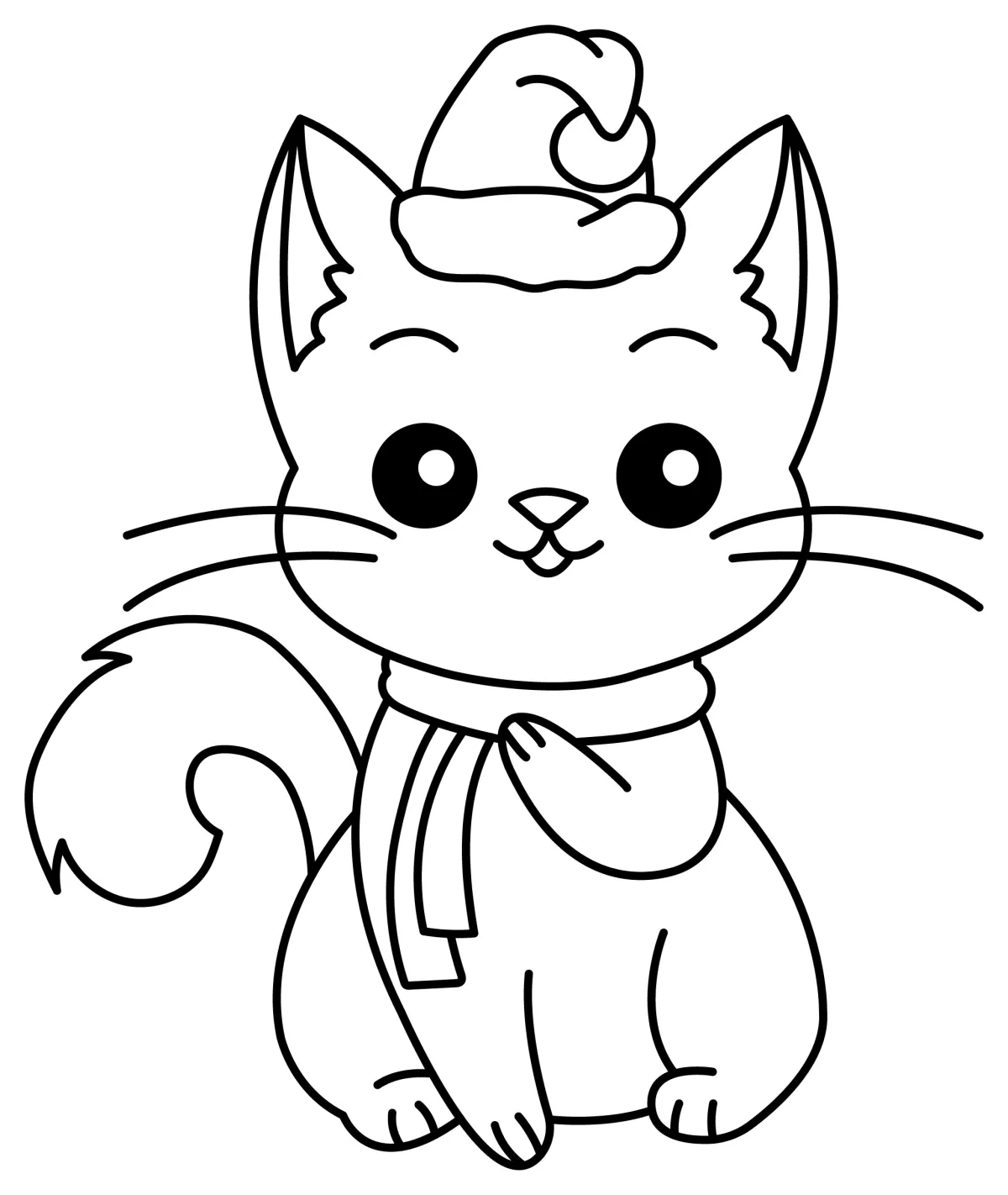 Adorable Cat Wearing Christmas Hat and Scarf 🐱🎅🎄 Coloring Page