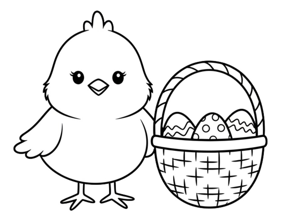Adorable Chick with Easter Eggs in Basket 🐥🐣🧺 Coloring Page
