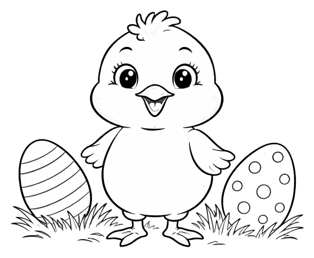 Adorable Chick with Easter Eggs in the Grass 🐣🐰🌱 Coloring Page
