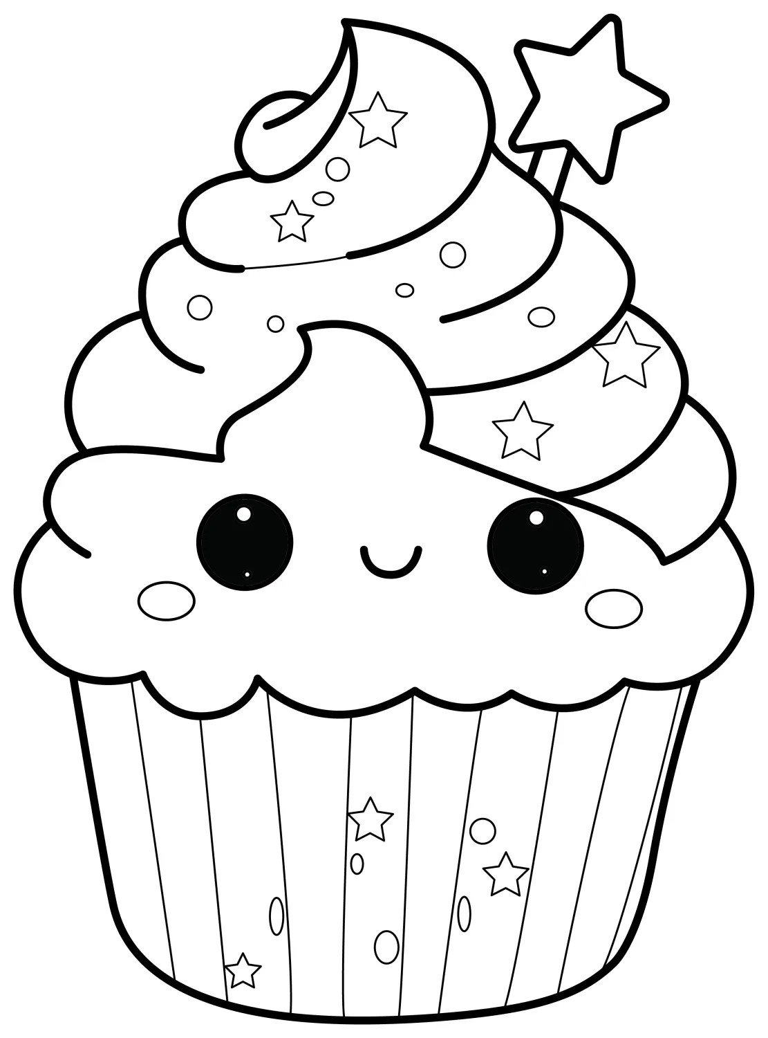 Adorable Cupcake with a Sweet Face and a Star Topper 🧁🌟😊 Coloring Page
