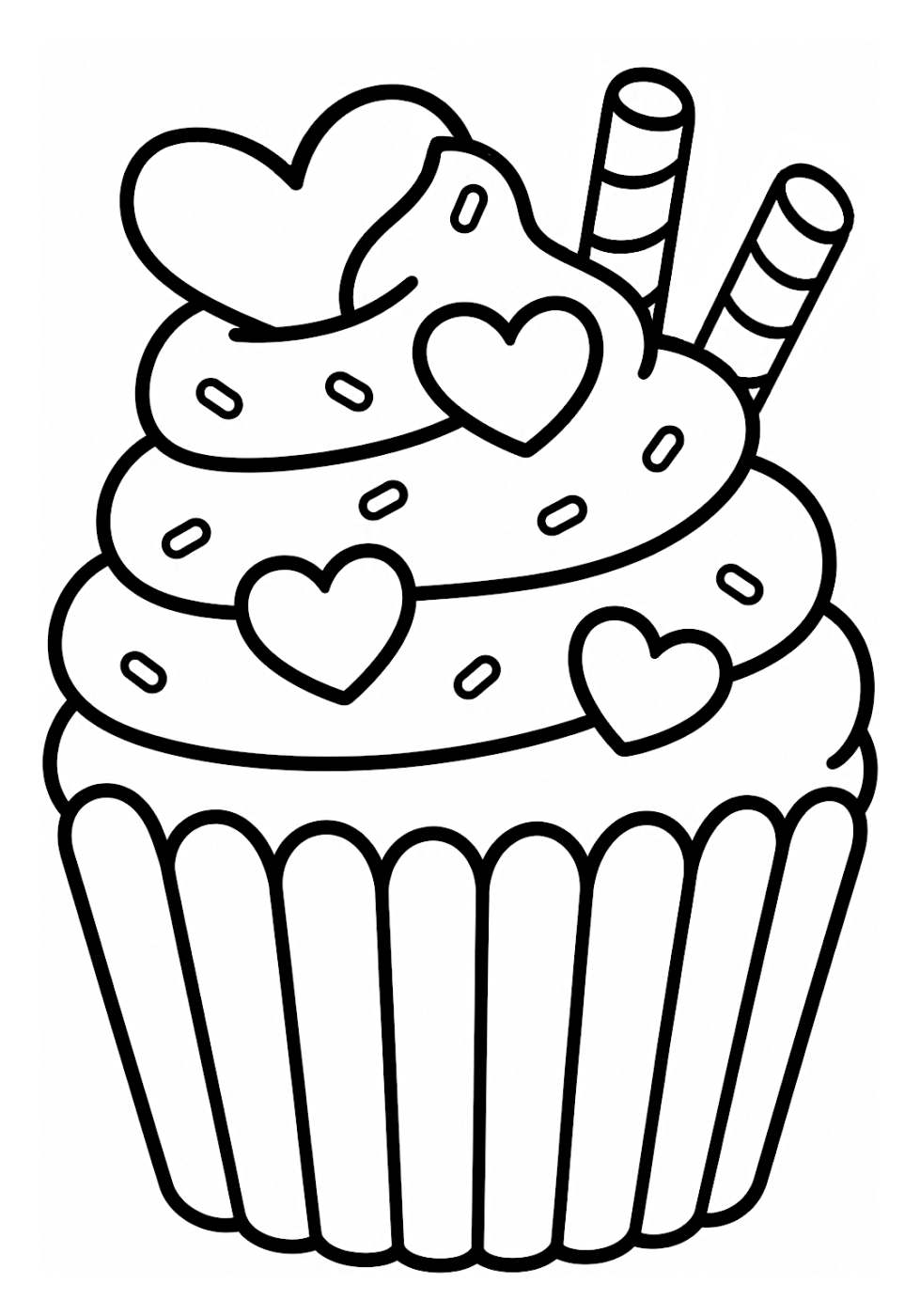 Adorable Cupcake with Hearts and Sprinkles for Special Occasion 🧁💖 Coloring Page