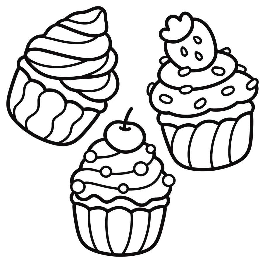Tasty Cupcakes with Fruits and Sprinkles 🧁🍓🍒 Coloring Page