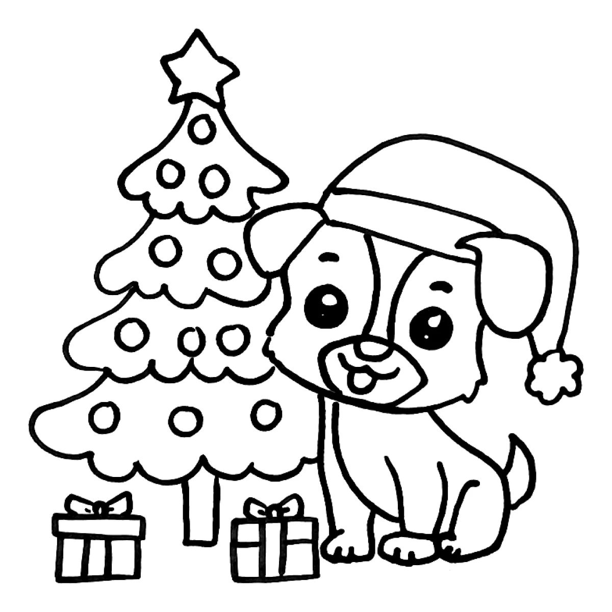 Adorable Dog Celebrating Christmas with a Tree 🎄🐶🎁 Coloring Page