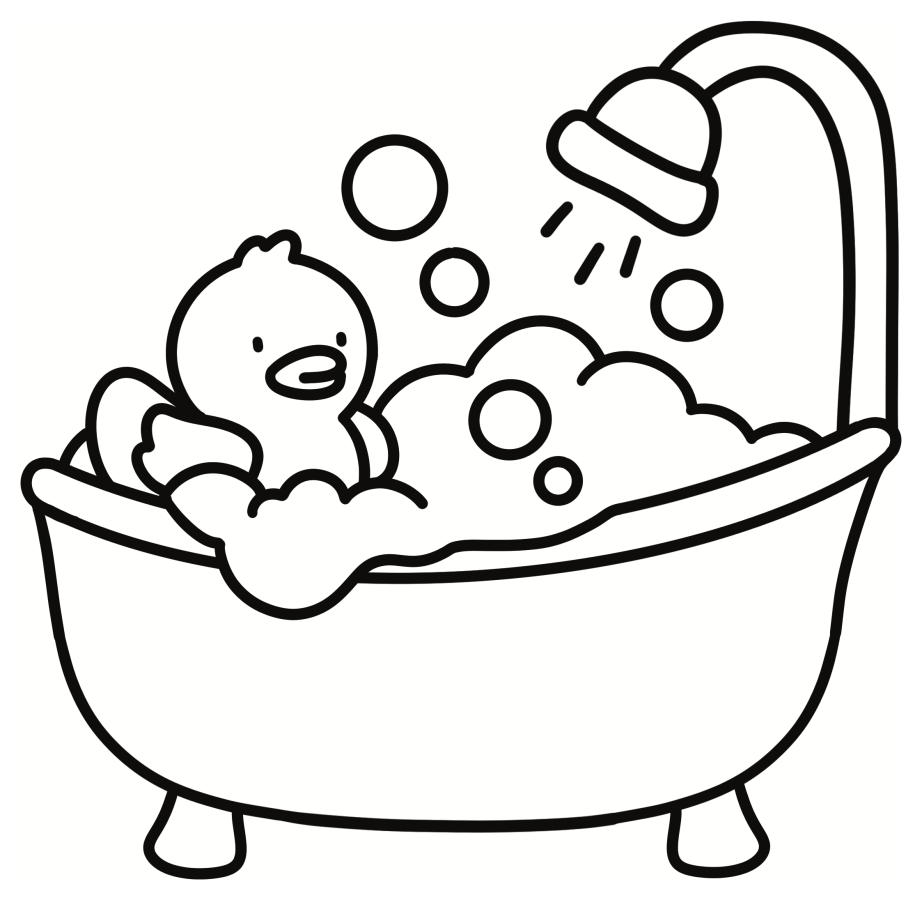 Adorable Duckling in Bathtub with Bubbles and Shower 🦆🛁💦 Coloring Page
