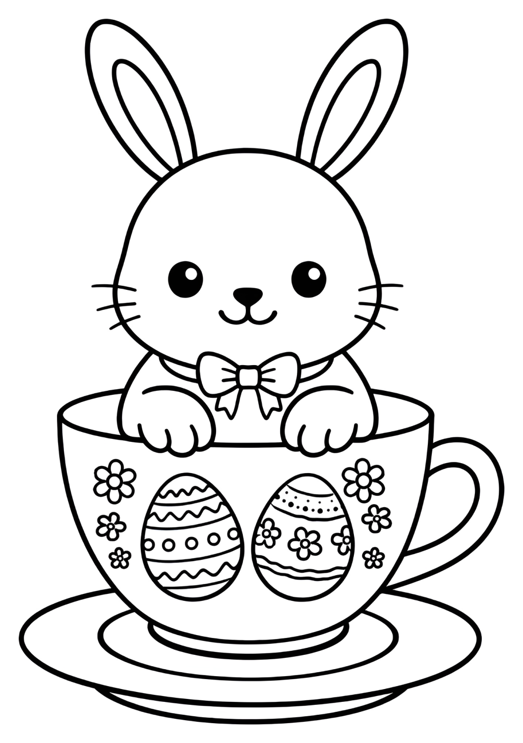 Adorable Easter Bunny Sitting in a Cup with Eggs 🐰🥚🌸 Coloring Page