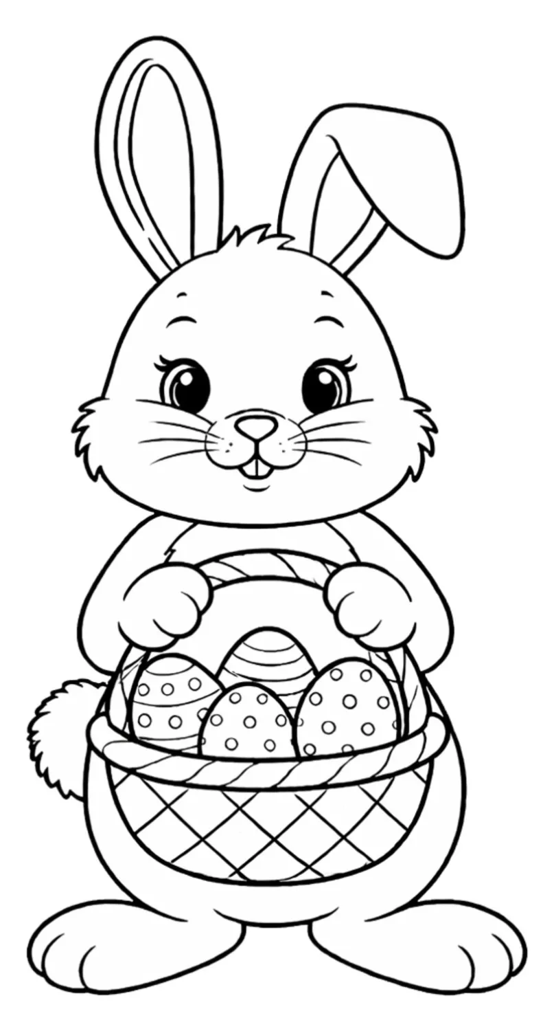 Adorable Easter Bunny with Basket of Easter Eggs 🐰🥚🌸 Coloring Page