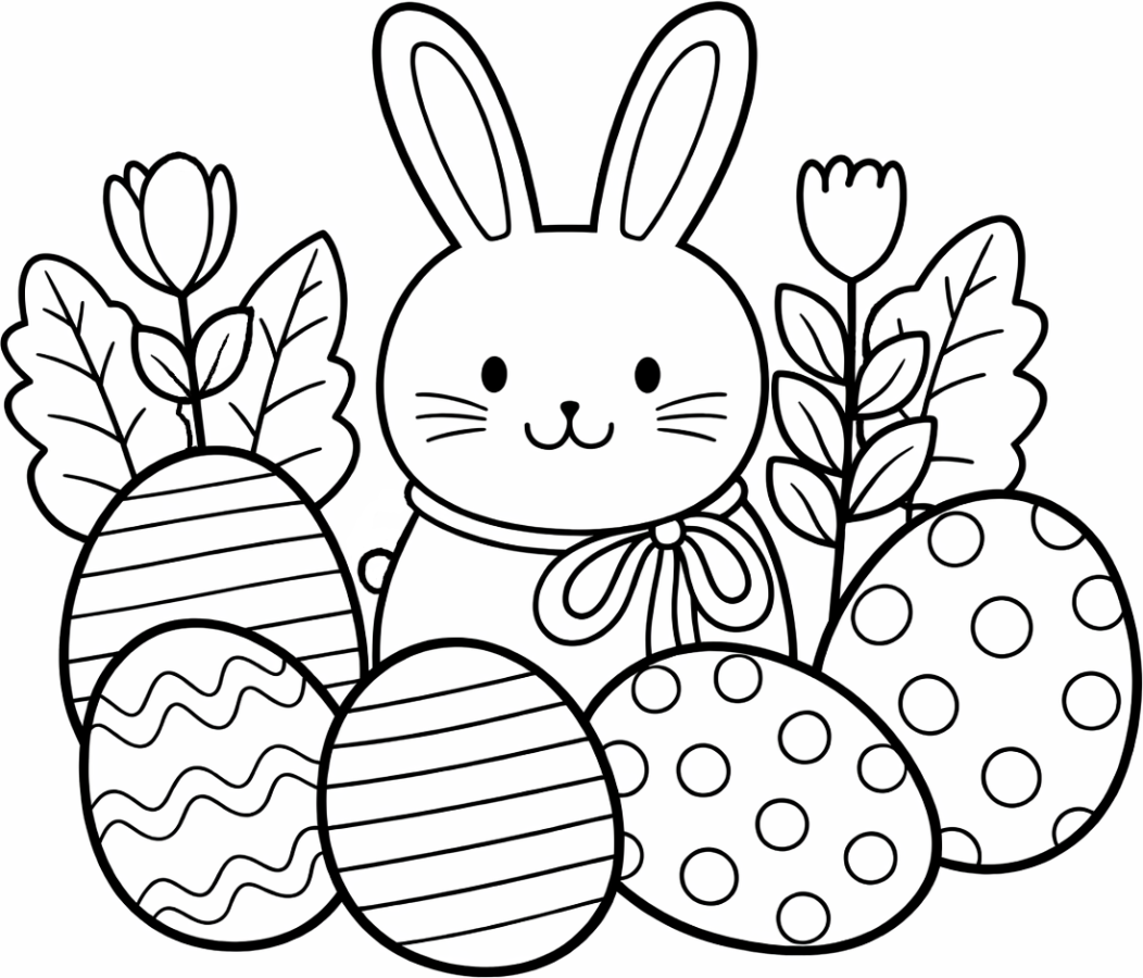 Adorable Easter Bunny with Colorful Easter Eggs 🐰🥚🌸 Coloring Page