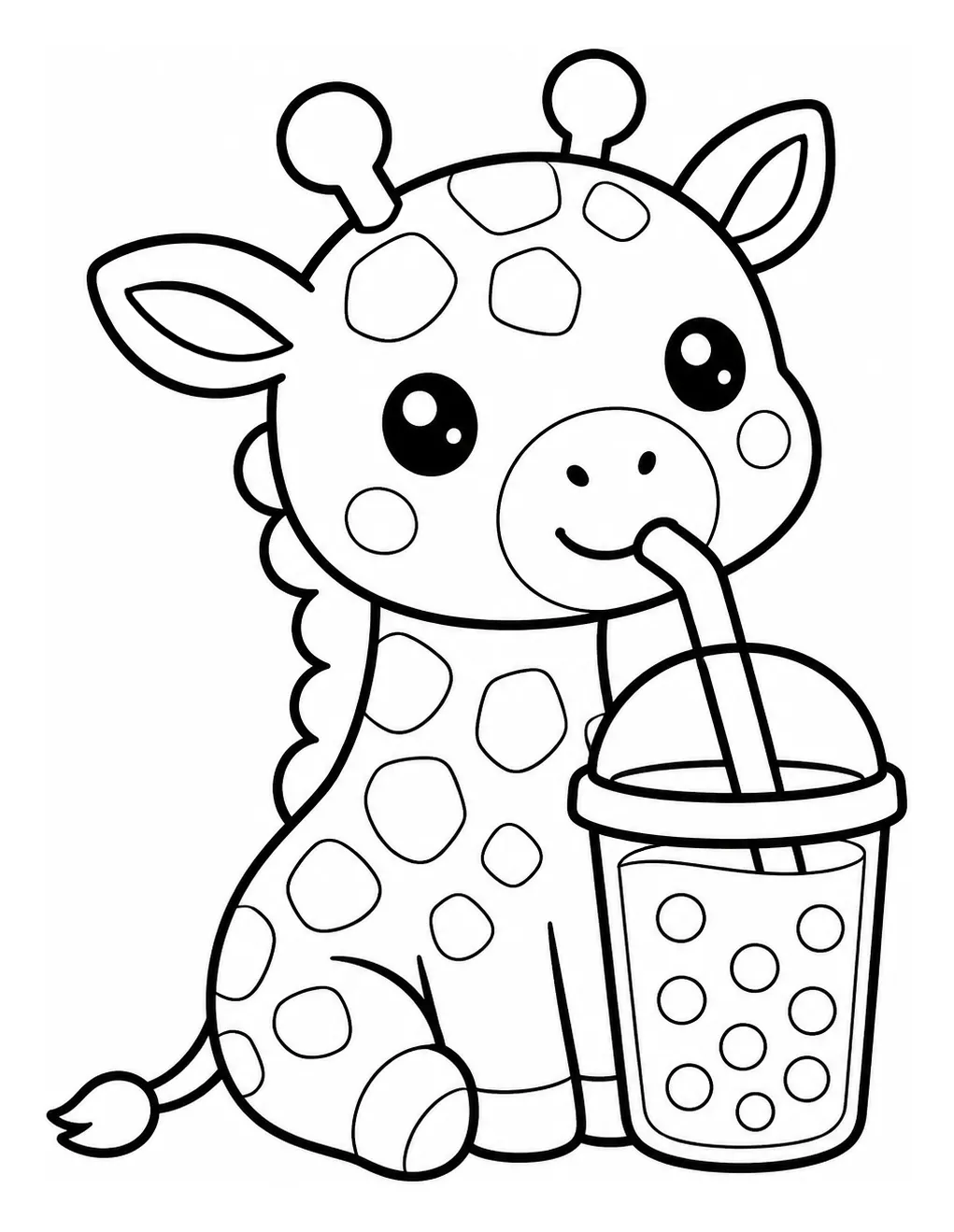Adorable Giraffe Drinking Bubble Tea with a Smile 🦒🧋😊 Coloring Page
