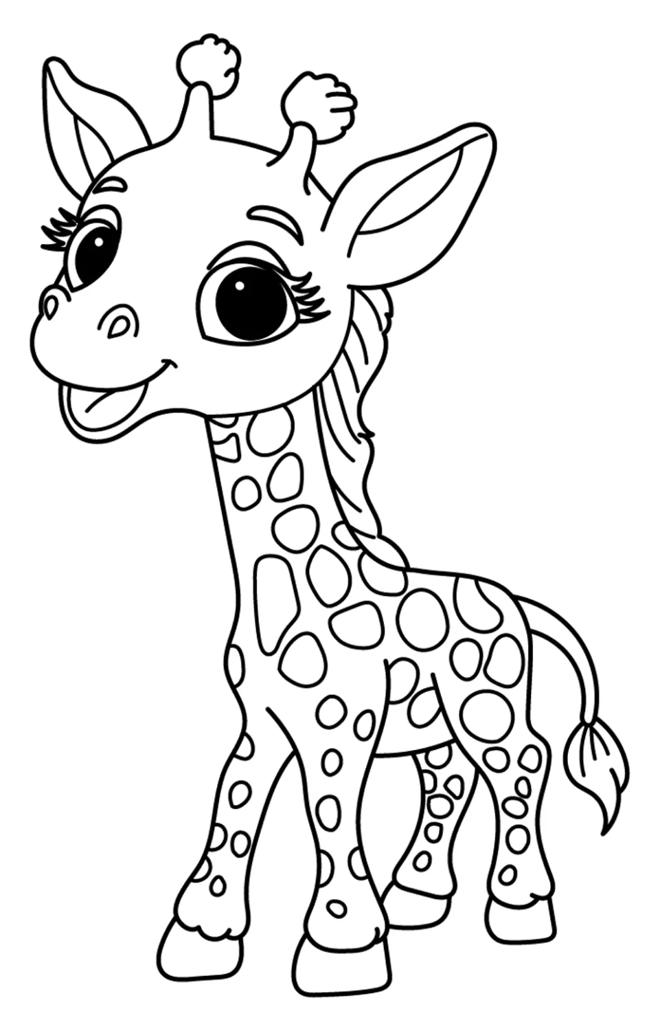 Adorable Giraffe with a Friendly Smile and Spotted Pattern 🦒🌿😊 Coloring Page