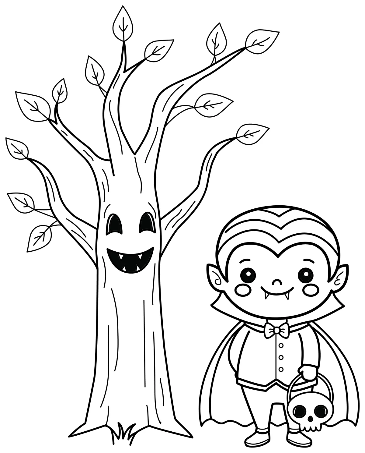 Adorable Kid Dressed as Vampire with Friendly Tree 🧛‍♂️🌳🎃 Coloring Page