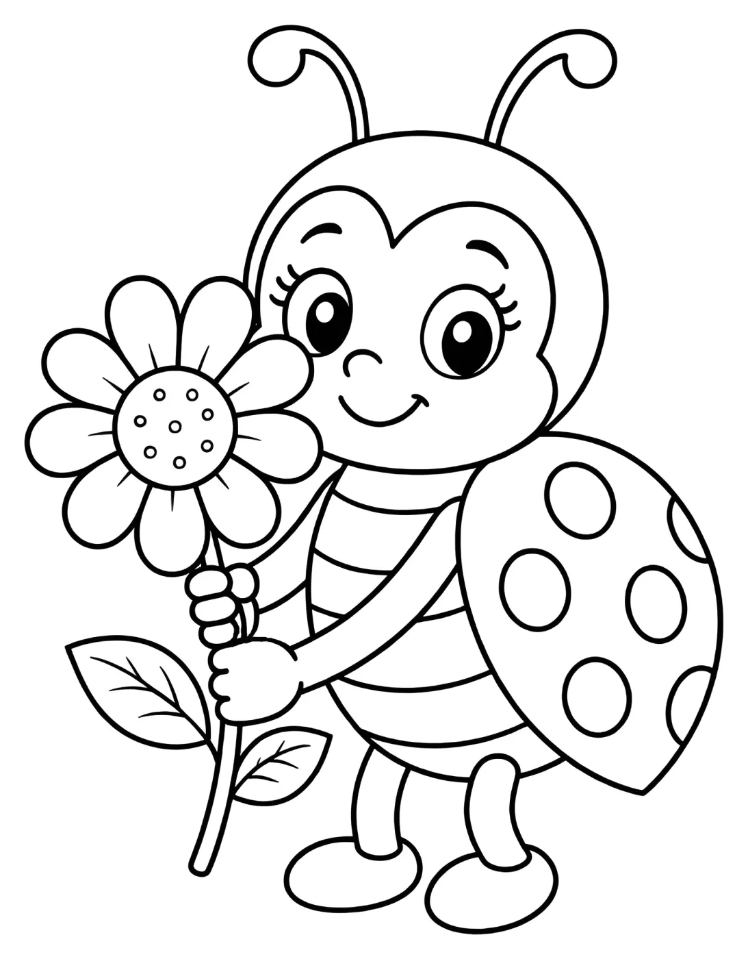 Adorable Ladybug Holding Sunflower in Springtime 🐞🌻🌼 Coloring Page