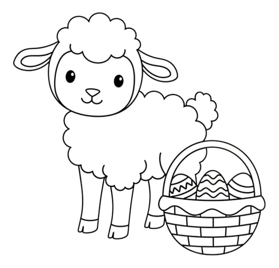 Adorable Lamb with Easter Basket Holding Colorful Eggs 🐑🥚🐇 Coloring Page
