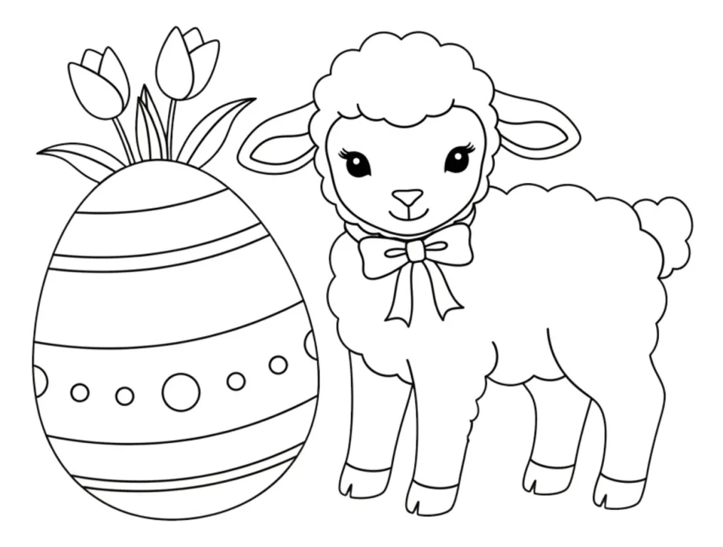 Adorable Lamb with Easter Egg and Tulips 🐑🌷🥚 Coloring Page