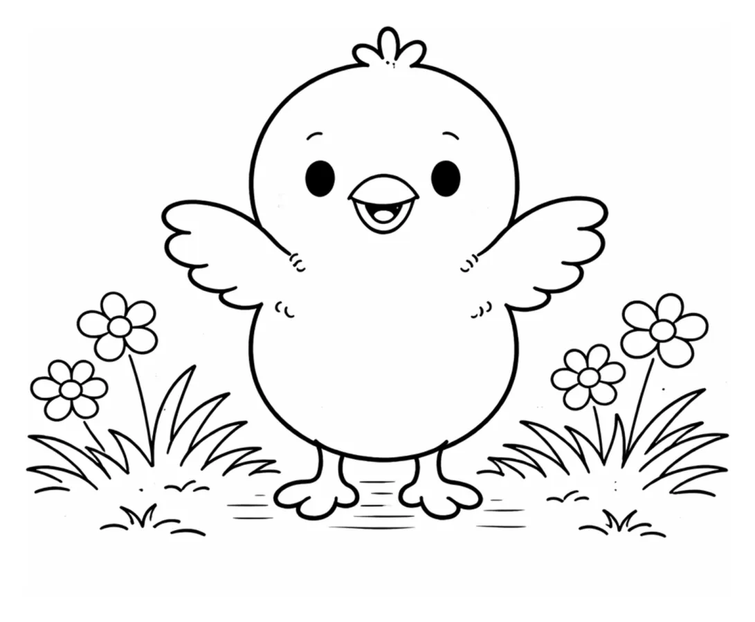 Adorable Little Chick with Open Wings in a Flowery Field 🐥🌸🌿 Coloring Page