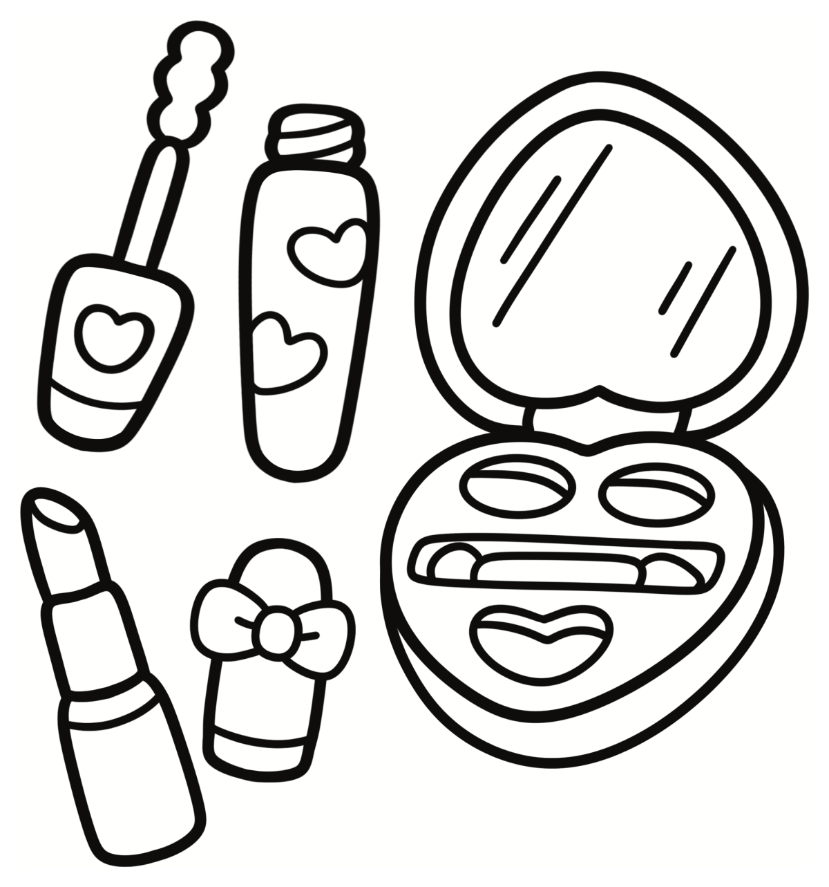Adorable Makeup Items Around an Open Compact Mirror 💄💋💖 Coloring Page
