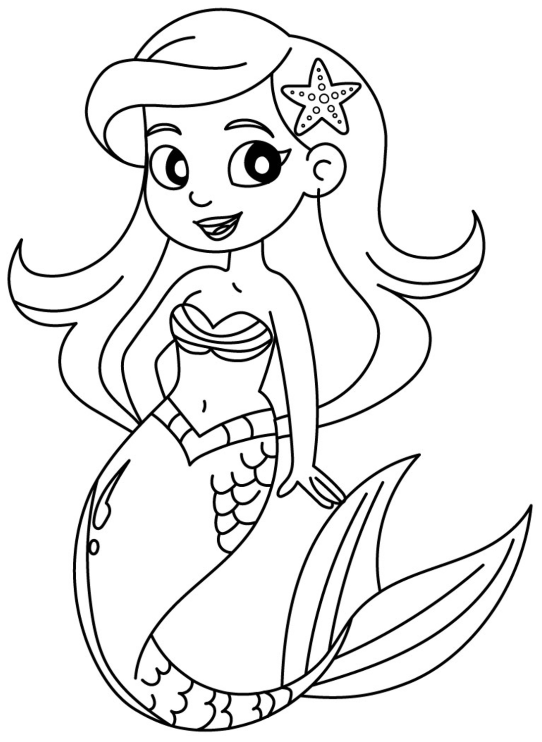 Adorable Mermaid with a Friendly Smile and a Star on Her Hair 🧜‍♀️🌊💫 Coloring Page