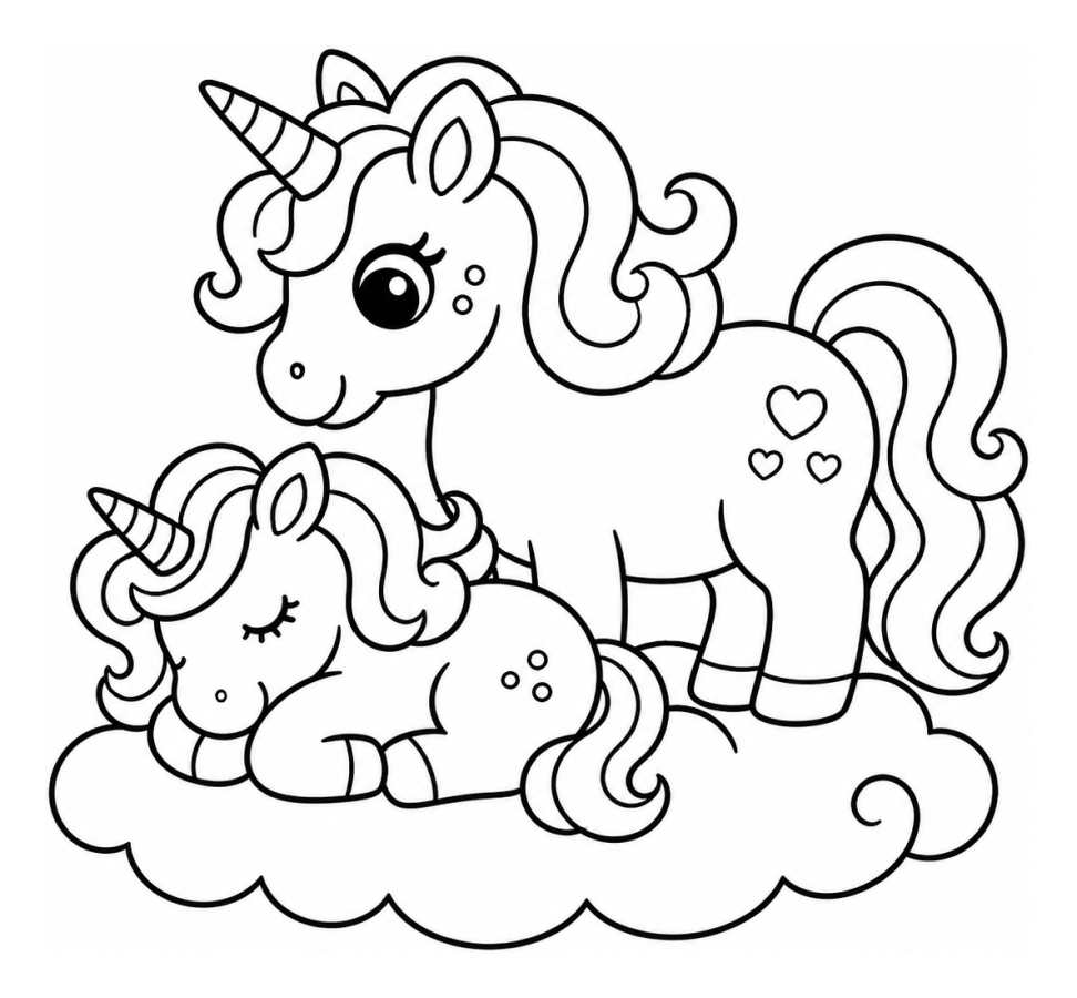 Adorable Mother and Baby Unicorn on Cloud 🦄🌈💖 Coloring Page