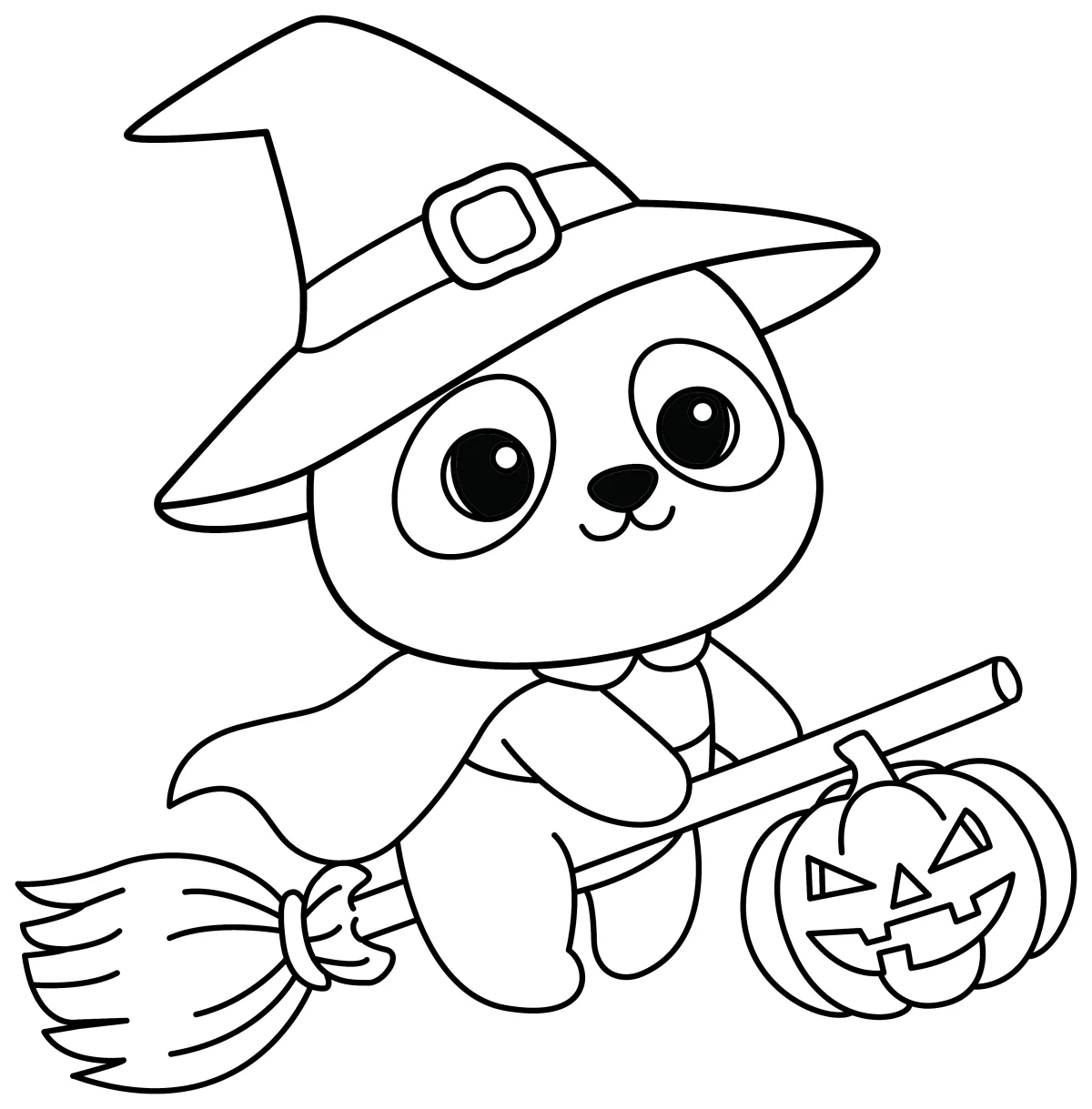 Adorable Panda Witch Flying on Broom with Pumpkin 🧙‍♀️🎃🐼 Coloring Page