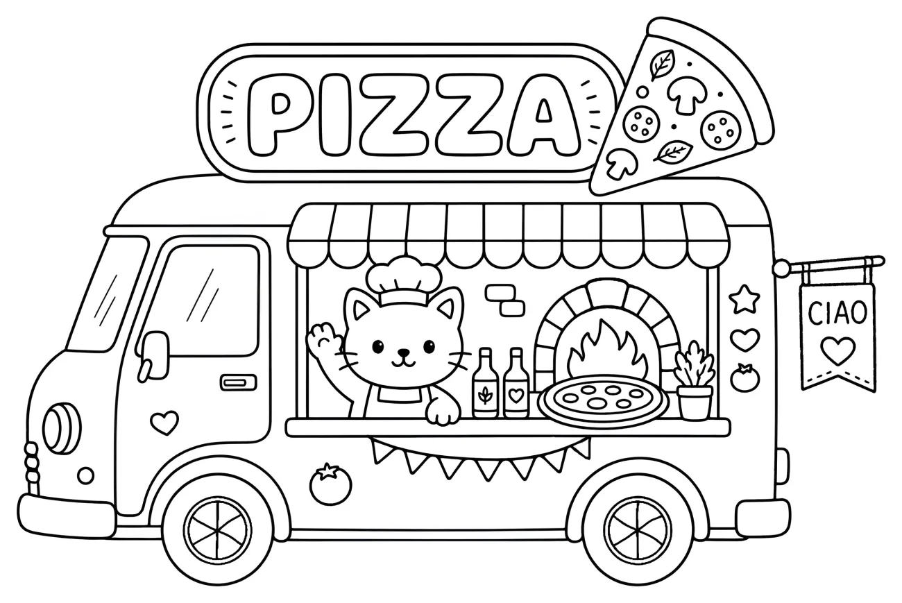 Adorable Pizza Food Truck with Cat Chef and Italian Flavor 🐱🍕🚐 Coloring Page