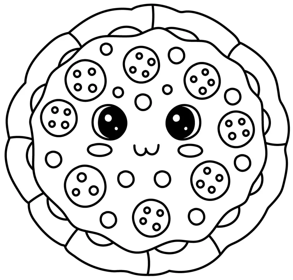 Adorable Pizza with Toppings and Friendly Face 🍕😊 Coloring Page