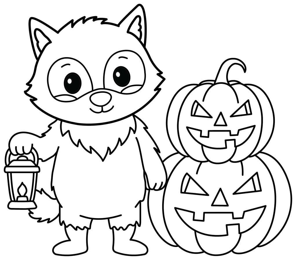 Adorable Raccoon Holding Lantern with Jack-O-Lanterns 🎃🐾🎃 Coloring Page