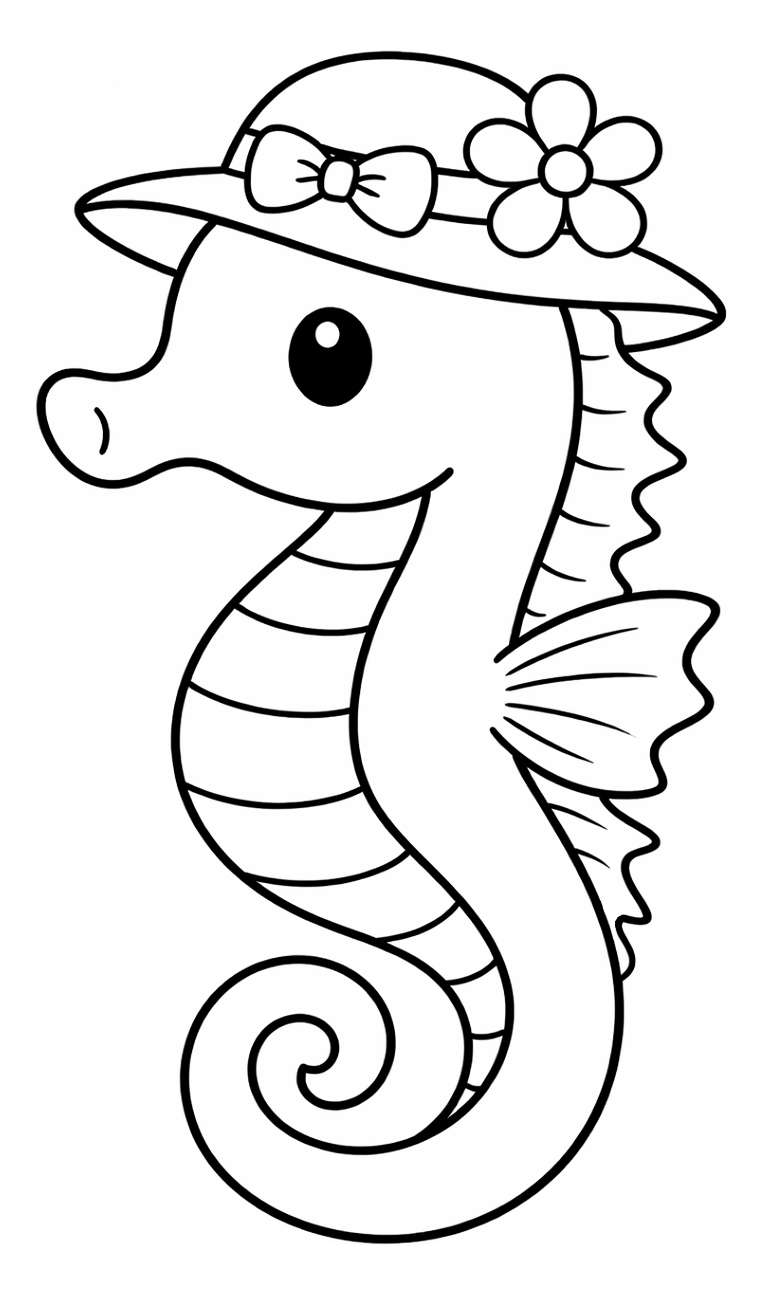 Adorable Seahorse Wearing Summer Hat with Flower and Bow 🐴🌺👒 Coloring Page