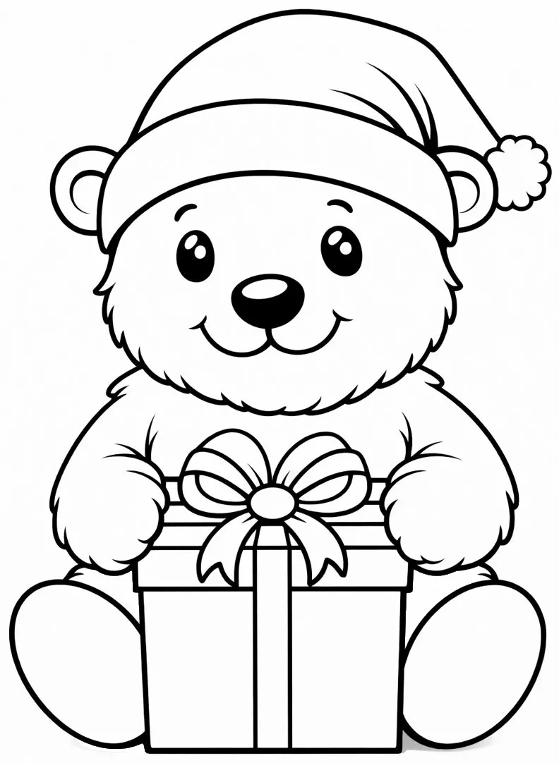 Adorable Teddy Bear with Christmas Gift 🧸🎁🎄 Coloring Page