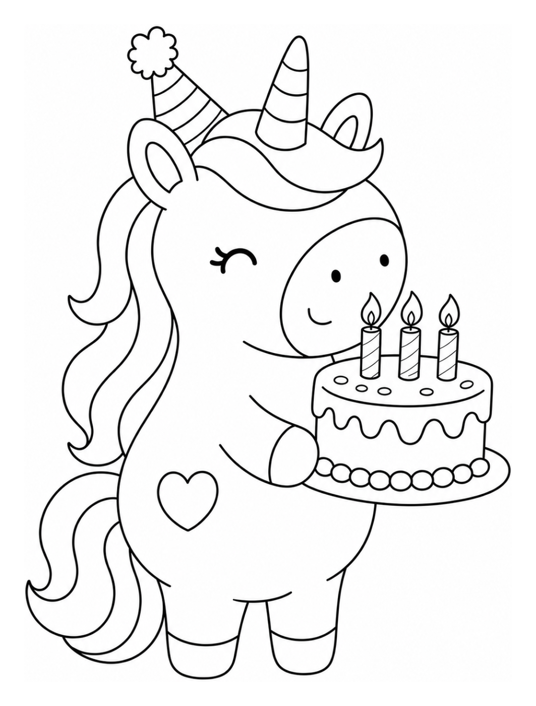 Adorable Unicorn with Birthday Cake 🦄🎂🎉 Coloring Page