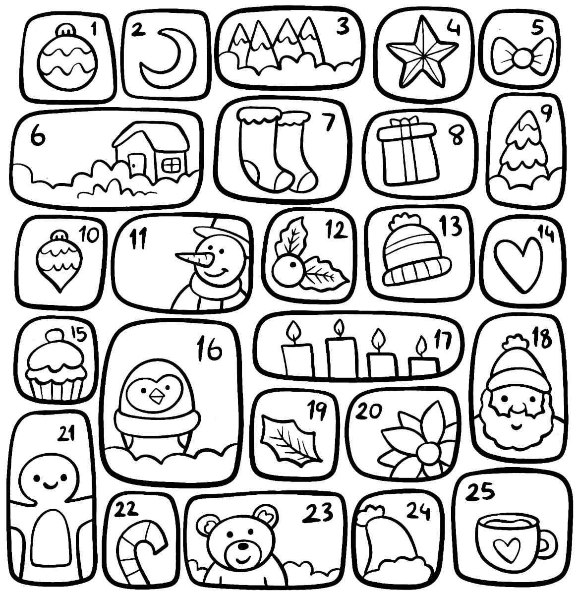Advent Calendar with 25 Christmas Elements 🎄✨🎅❄️ Coloring Page